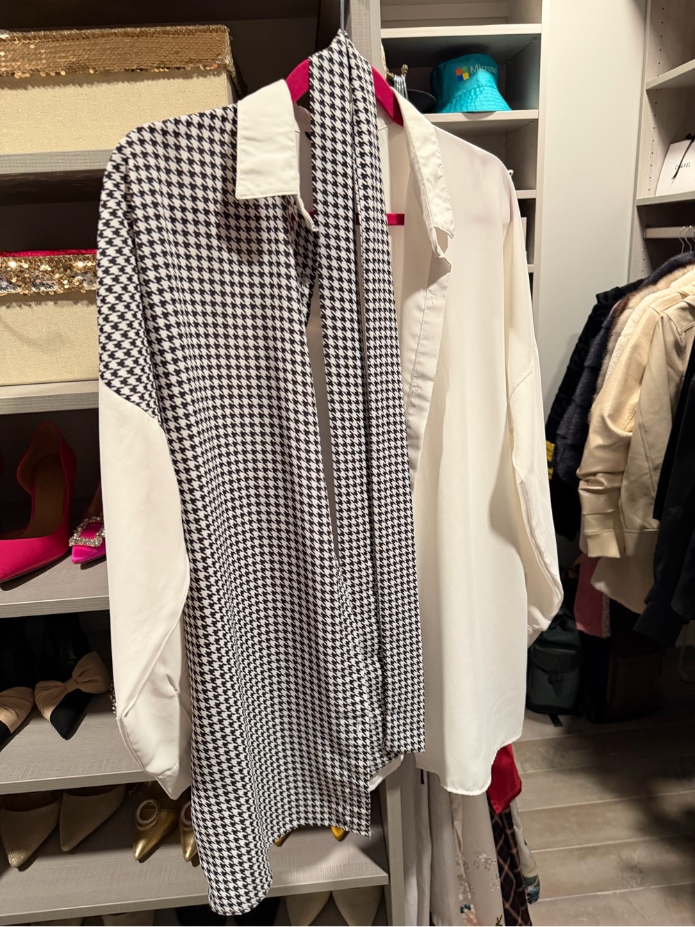 Women's Two-Tone Houndstooth and White Button-Up Blouse